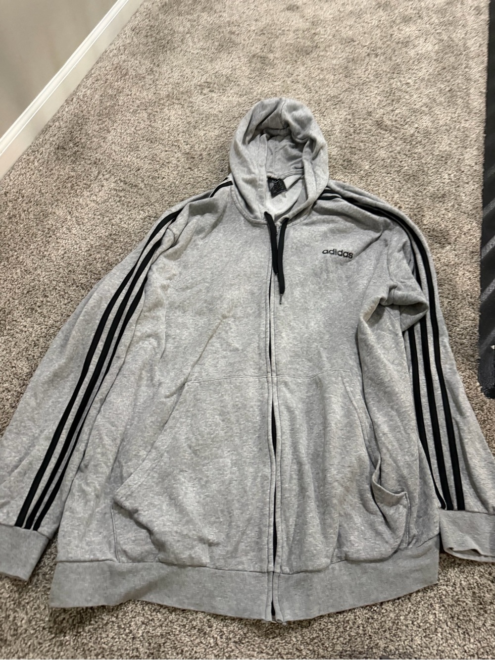 adidas Gray Zip-Up Hoodie with Black Three-Stripe Sleeves
